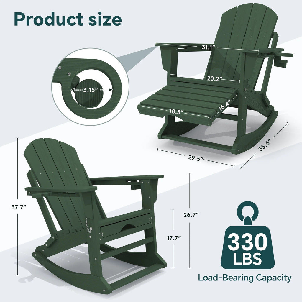KINGYES Folding Adirondack Rocker Chair Set Of 2 With Footrest And Dual Cup Holders - Black