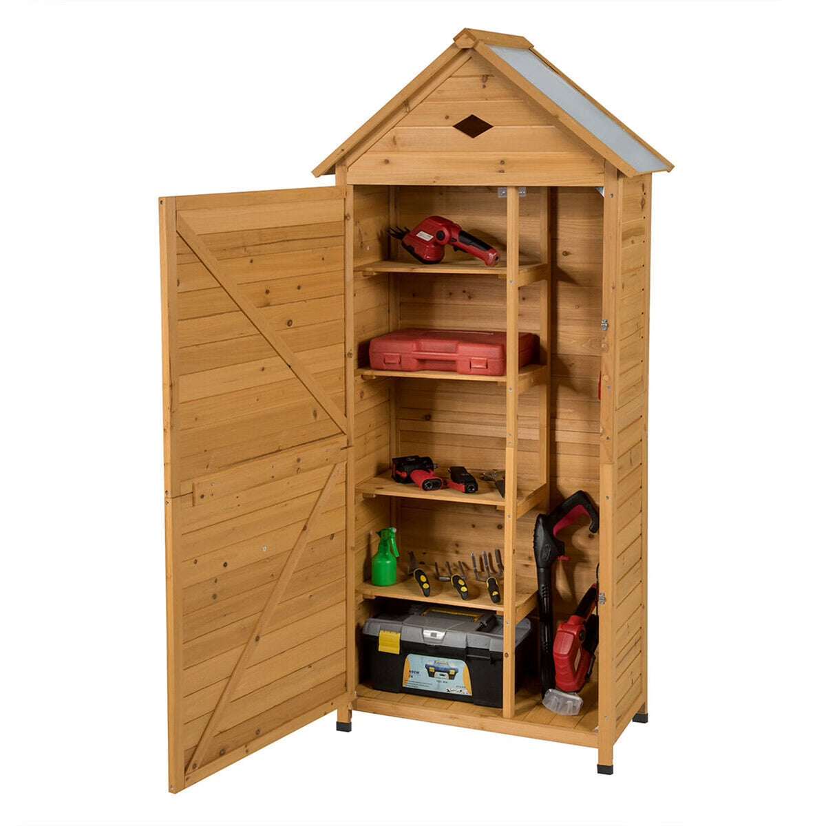 Gymax Outdoor Wooden Garden Tool Storage Shed With 5 Shelves, 28'' x 18'' x 63'' - Natural