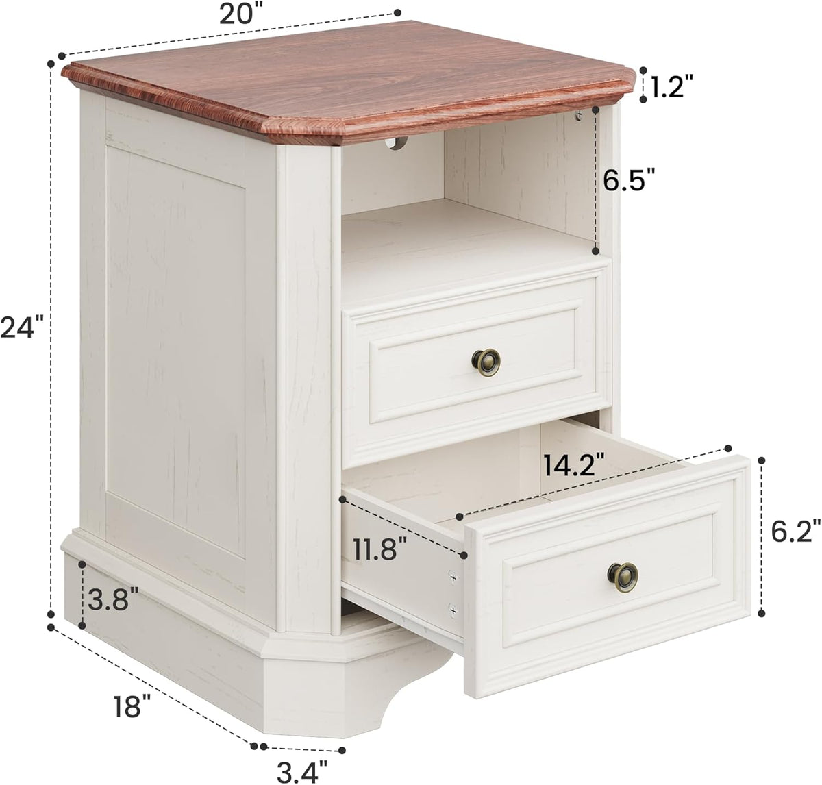 24in White Nightstands With Charging Station, 2 Drawers And Open Shelf - Set Of 2