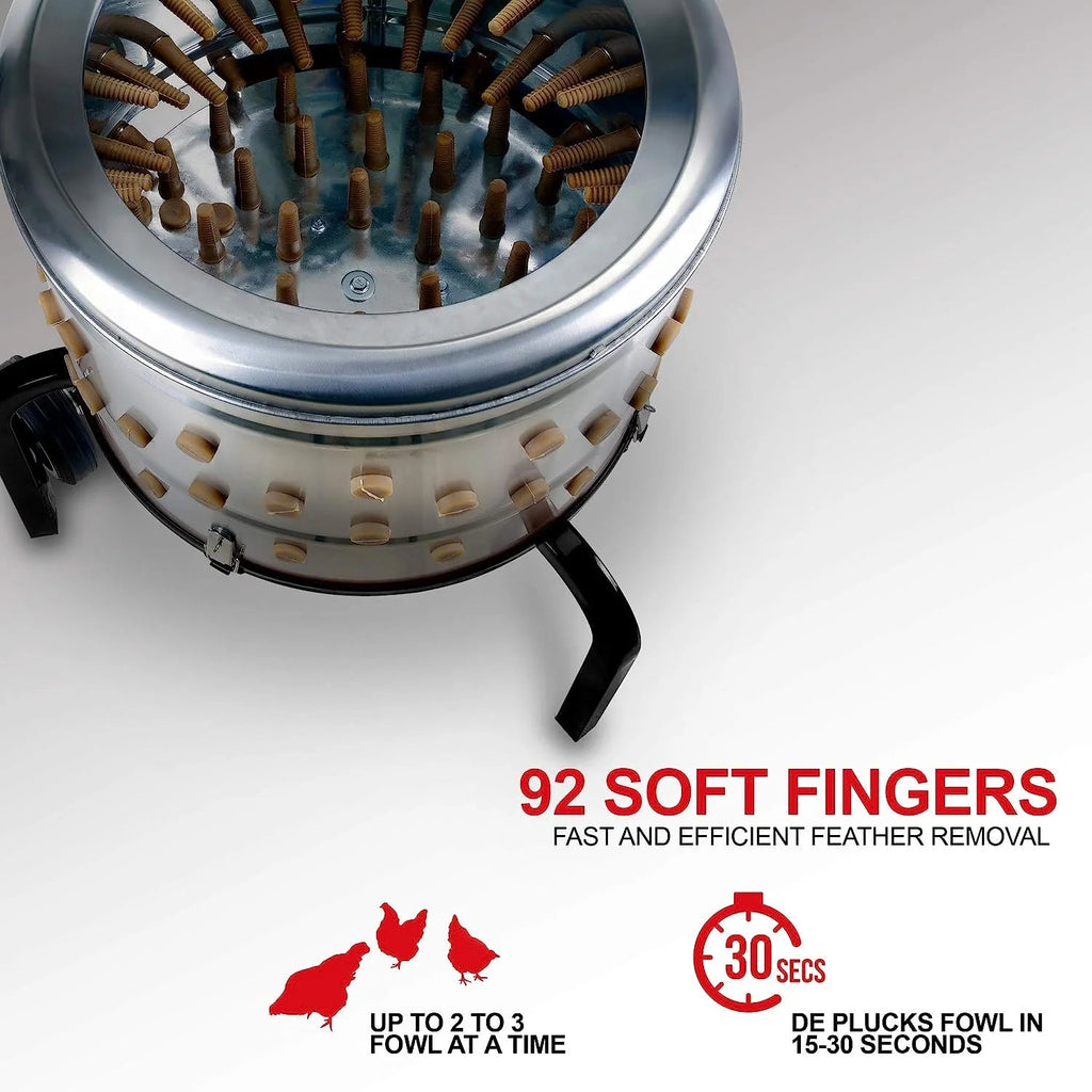 1 HP Electric Chicken Plucker, Stainless Steel, 120VAC, 800W, 280 RPM, 20-Inch Drum, 92 Soft Fingers