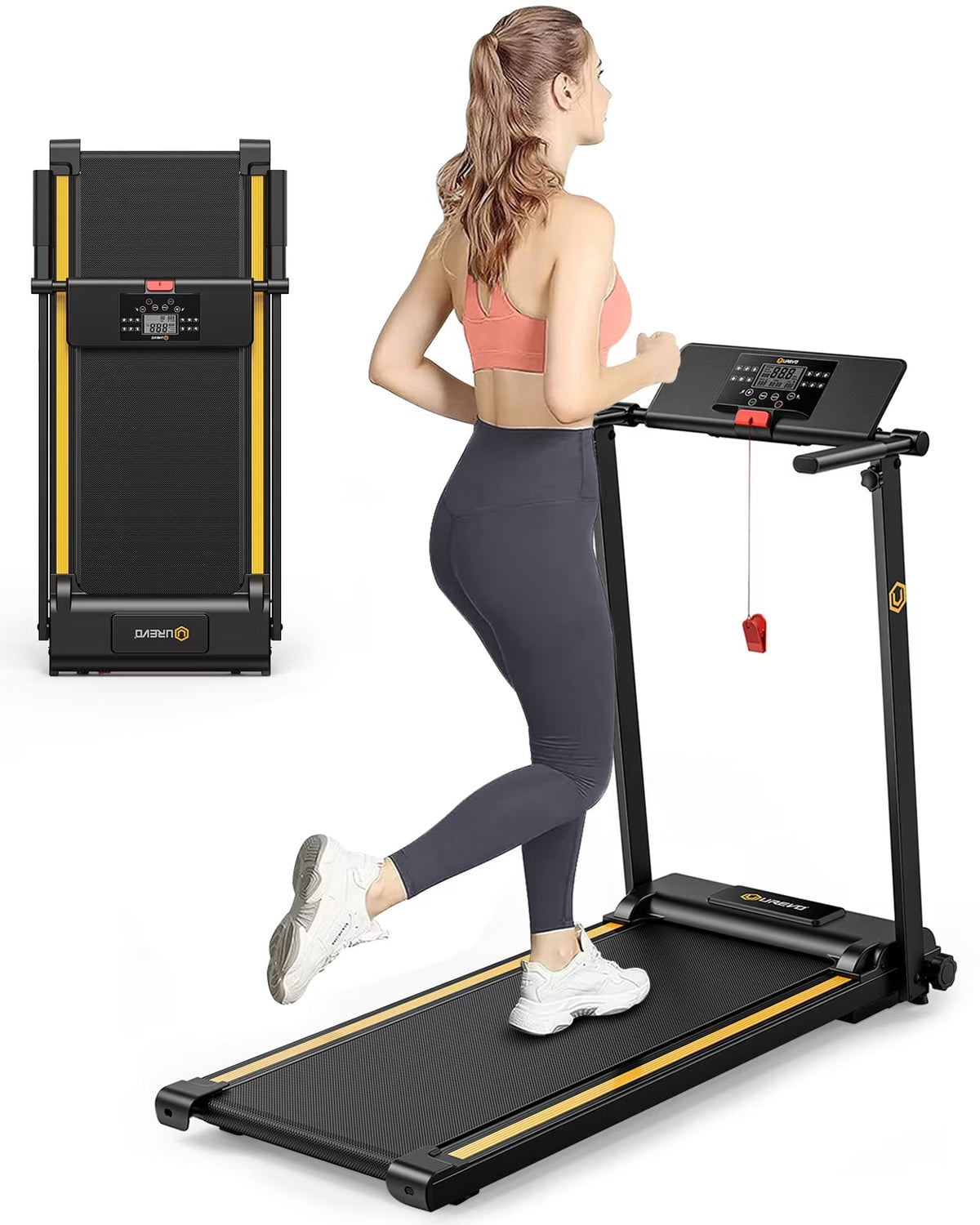 UREVO Folding Treadmill - 2.25HP, 12 HIIT Modes, 265 lbs Capacity, Yellow Or Red