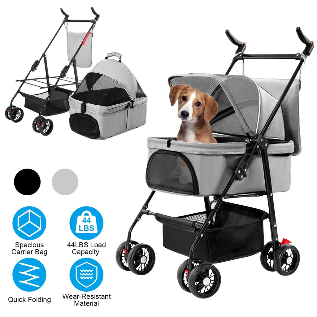iMounTEK 4-Wheel Foldable Pet Stroller With Removable Liner And Storage Basket - Gray
