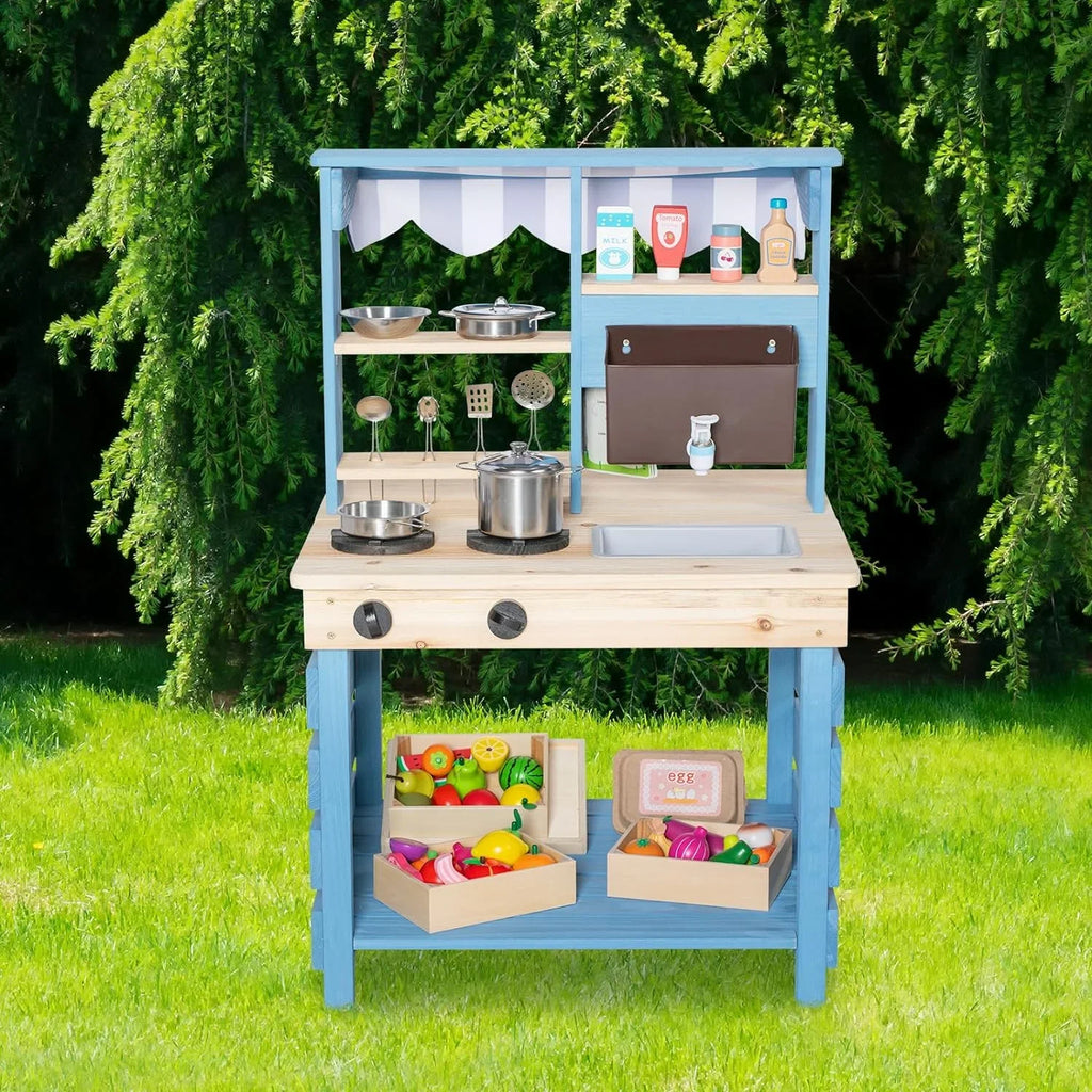 Brinjoy Kids Mud Kitchen Playset, Double-Sided Wooden, Blue, 22.5 x 21.5 x 33.5 in