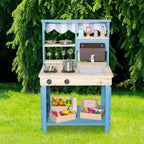 Brinjoy Kids Mud Kitchen Playset, Double-Sided Wooden, Blue, 22.5 x 21.5 x 33.5 in