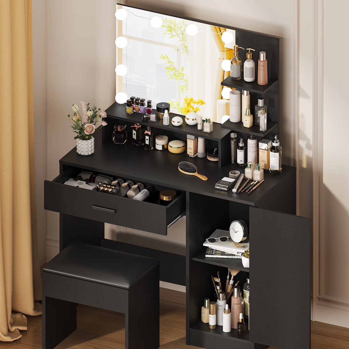 Ktaxon Vanity Makeup Table With Stool, 3-Color Lighted Mirror, 3 Shelves, Drawers, White - 35.43 x 15.55 x 29.53-53.27 in