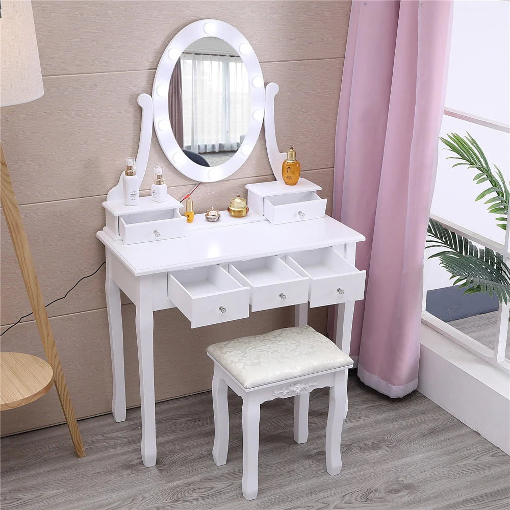 Ktaxon Vanity Table Set With 10 LED Lights, 5 Drawers, Cushioned Stool, White