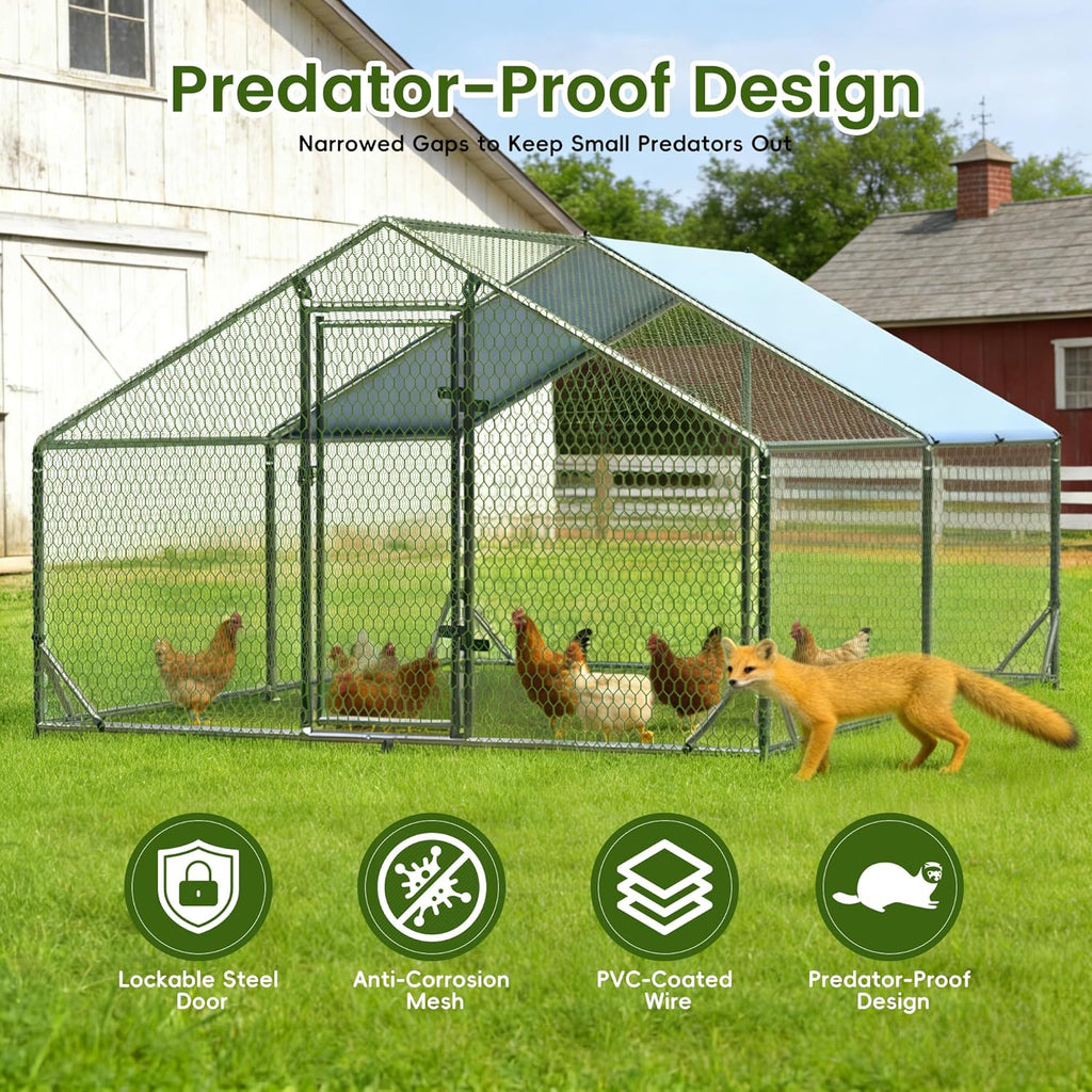 Metal Walk-In Chicken Run Cage With Waterproof Anti-Ultraviolet Cover, 19.6' L x 9.8' W x 6.4' H