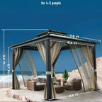 10x10 Hardtop Gazebo With Double Metal Roof, Aluminum Frame, Net And Curtain - Khaki