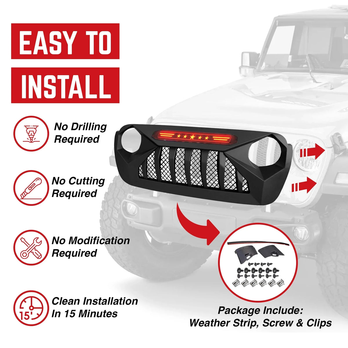 AMERICAN MODIFIED Demon Grille With Red Lights For 18-21 Wrangler/Gladiator