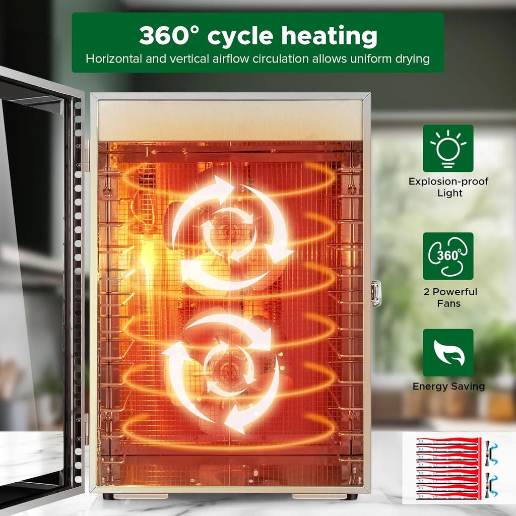 Food Dehydrator Machine, 12 Trays, Stainless Steel, 800W, 24H Timer, 30 C To 90 C