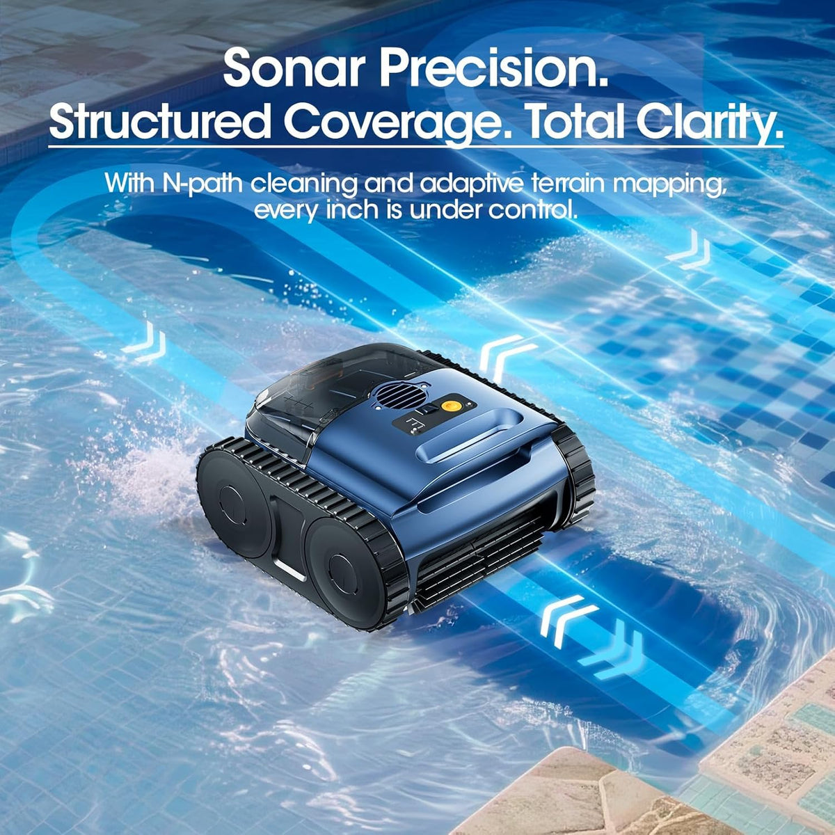 Cordless Robotic Pool Vacuum Cleaner With Track Drive, Sonar Navigation, 180W Brushless Motor, 150-Min Runtime, Dark Blue