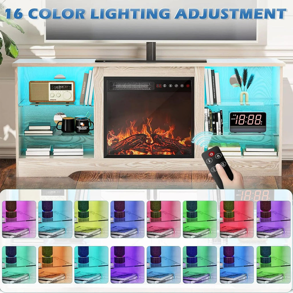 Waleaf TV Stand With 18 in Electric Fireplace And Adjustable Glass Shelves - TVs Up To 65 inch