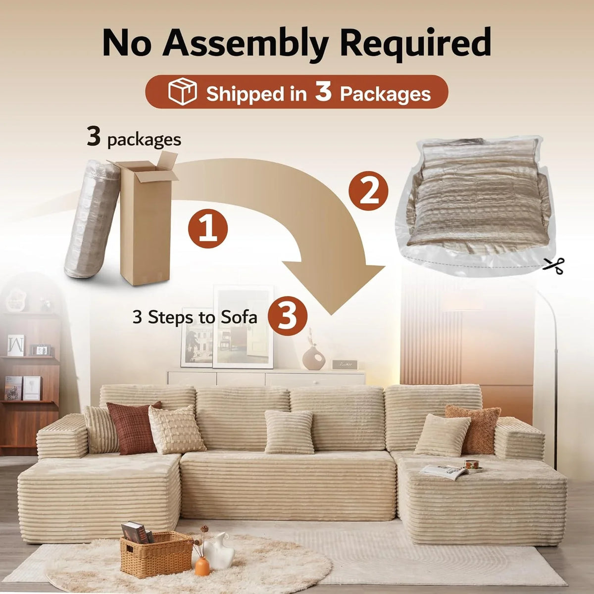 ovios 104in L-Shape Sectional Sofa With Chaise, Grey Plush Corduroy Fabric