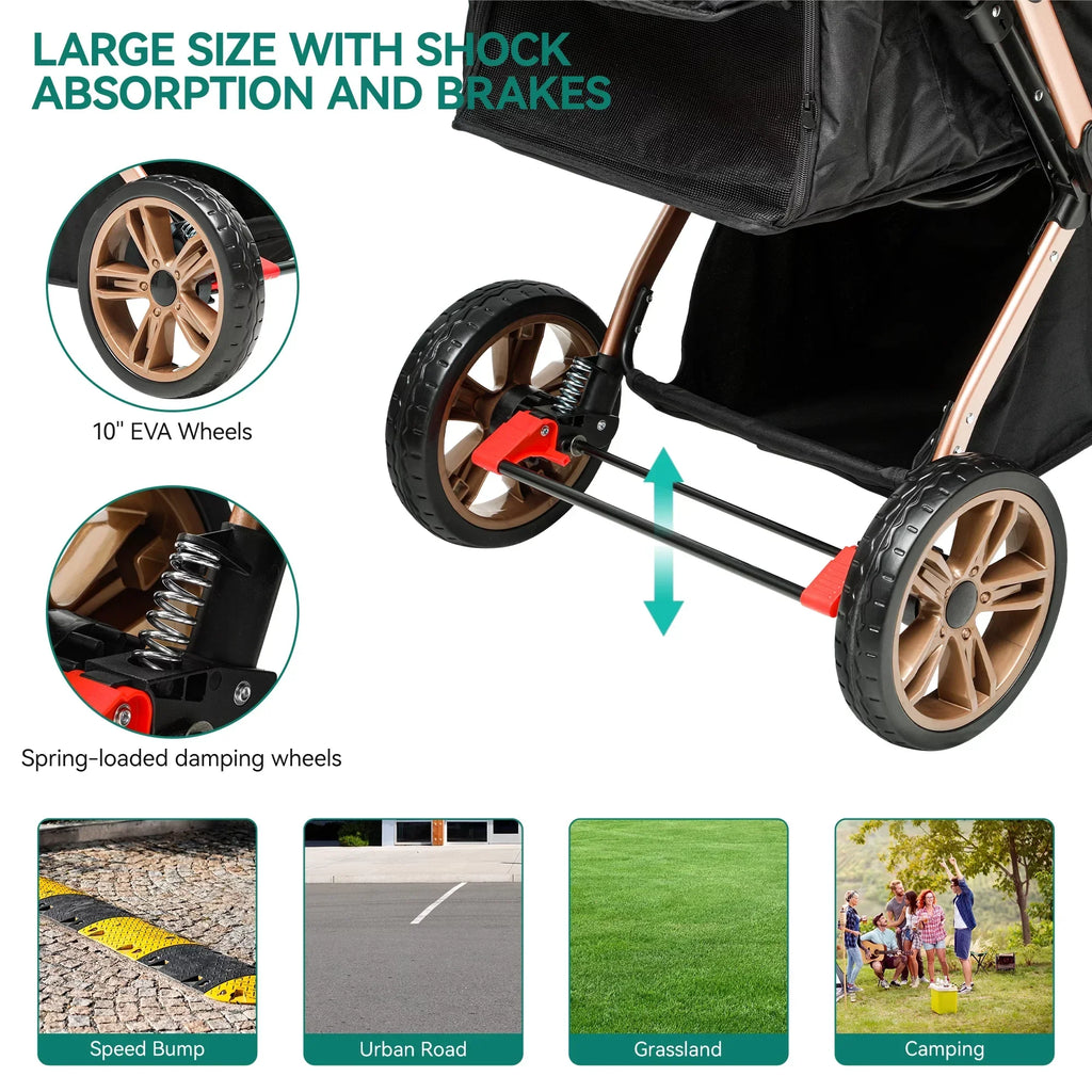 Dextrus 4-Wheel Foldable Pet Stroller With 7-inch Front And 10-inch Rear Wheels, 48.5 lbs Capacity