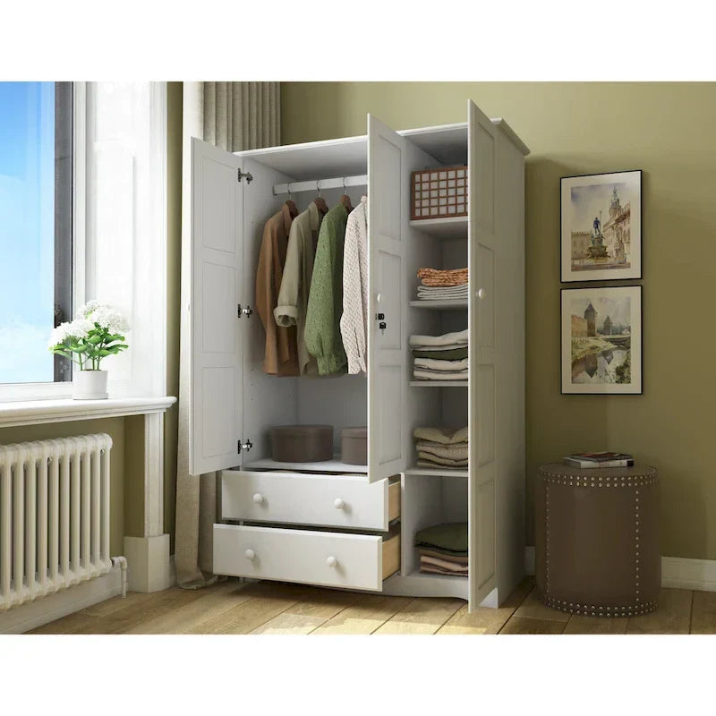 3-Door Solid Wood Wardrobe Armoire With 2 Drawers - 72in H x 45.8in W x 20.75in D