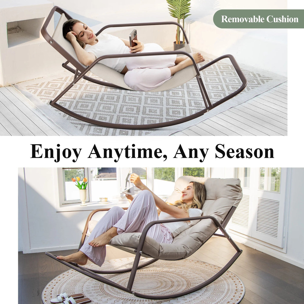 RADIATA Oversized Wicker Papasan Rocking Recliner With Footrest, 450 lbs, Beige