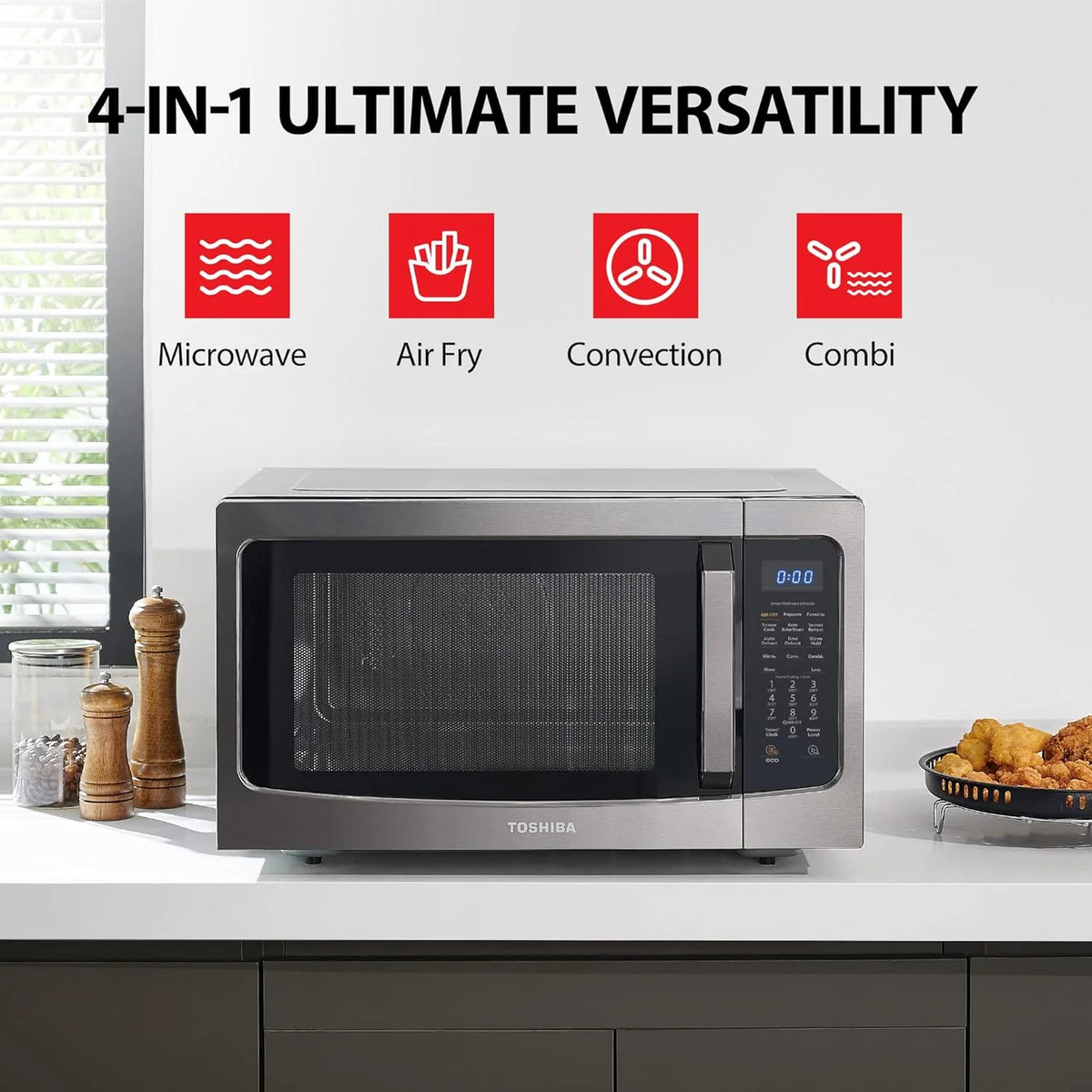TOSHIBA 4-in-1 Countertop Microwave Oven, 1.5 Cu Ft, 1000W, Silver - ML-EC42P(SS)