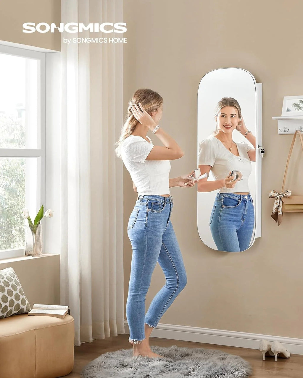 LED Wall-Mounted Jewelry Organizer Cabinet With Mirror - 3.9 in D x 16.5 in W x 42.5 in H
