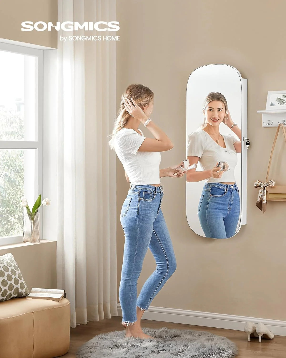 LED Wall-Mounted Jewelry Organizer Cabinet With Mirror - 3.9 in D x 16.5 in W x 42.5 in H
