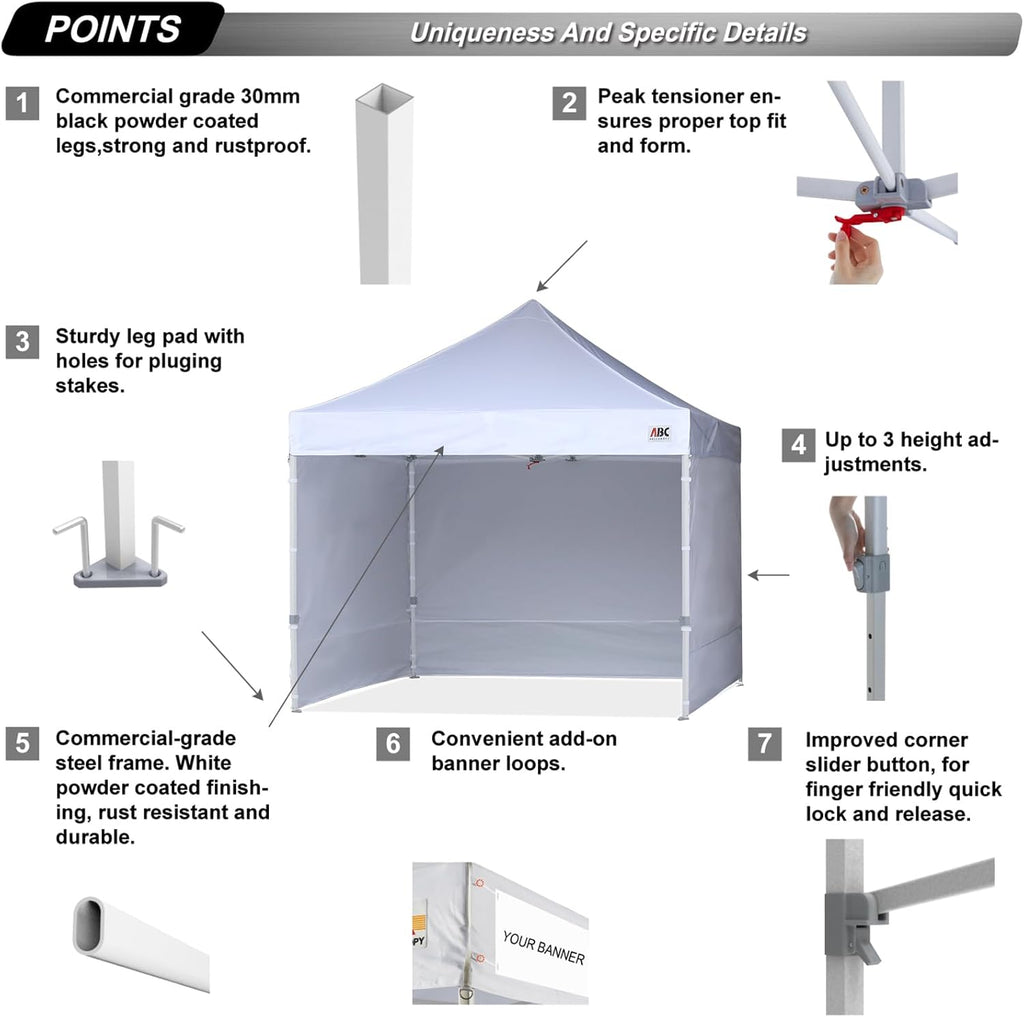 ABCCANOPY Easy Pop Up Canopy Tent With Sidewalls 10x10 Ft White - Commercial Series