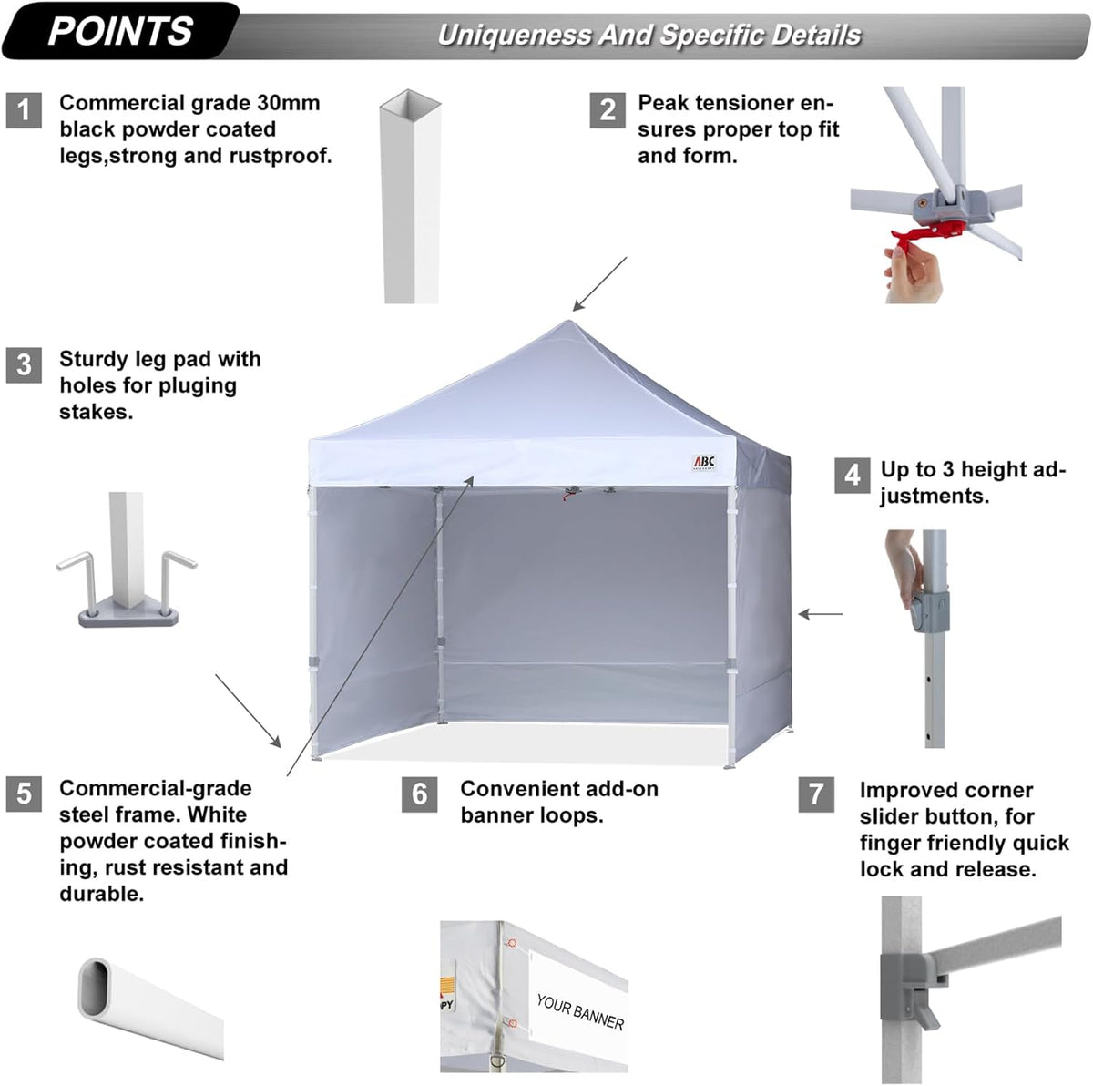 ABCCANOPY Easy Pop Up Canopy Tent With Sidewalls 10x10 Ft White - Commercial Series