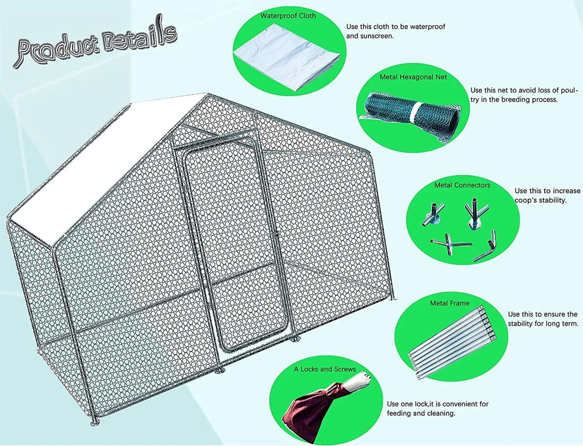 Phonjoroo Metal Chicken Coop With Run Cover, 10 ft L x 6.6 ft W x 6.6 ft H (79.2 in H x 79.2 in W x 120 in D)
