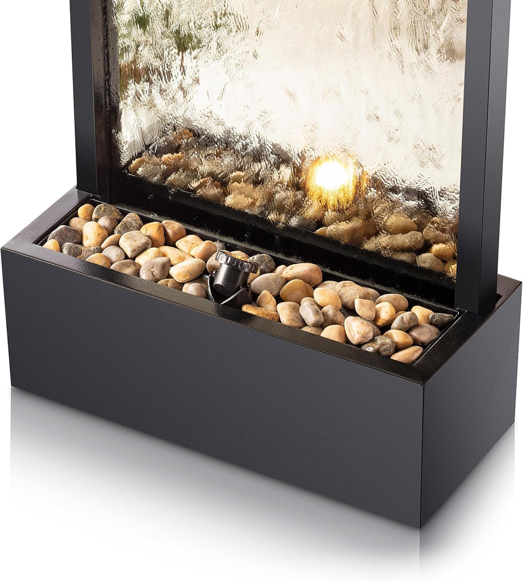 Alpine Corporation Wall-Mounted Mirror Waterfall Fountain With Stones And LED Lights, 24in L x 10in W x 72in H, Silver