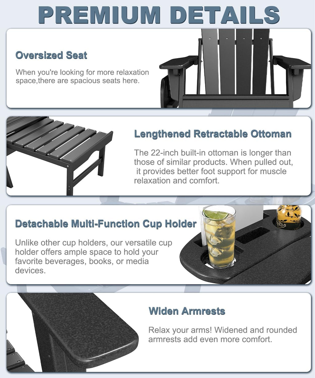 NAVINE Adjustable Folding Adirondack Chair Set Of 2 With Retractable Ottoman, Cup Holder And HDPE