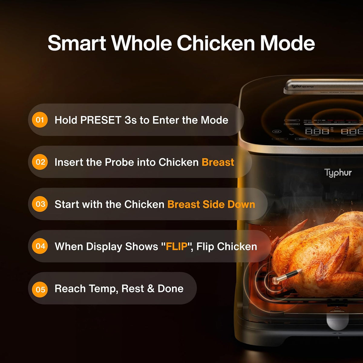 Typhur Sync AI Smart Air Fryer, 8QT Ceramic, Wireless Meat Thermometer, 450F, 120V