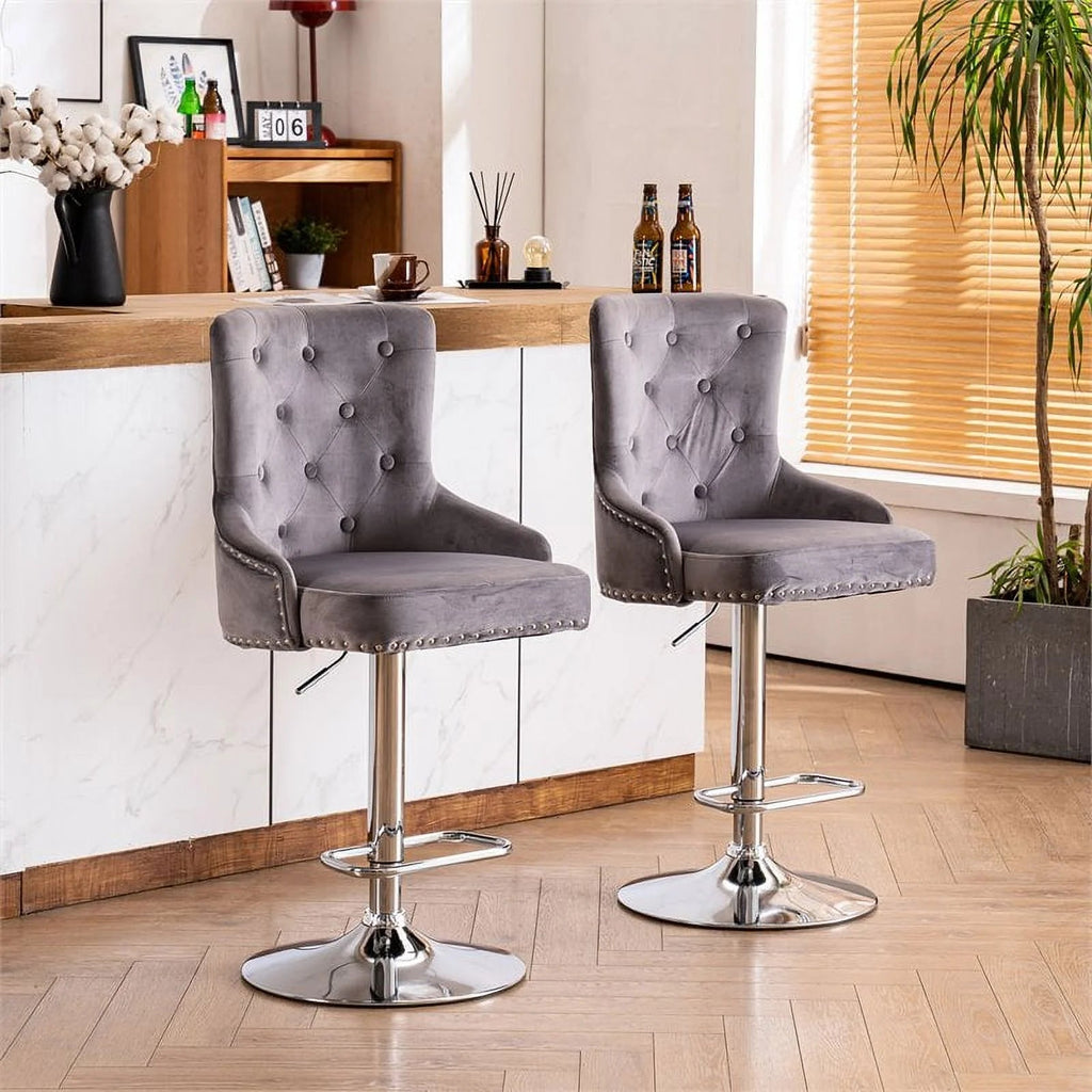 Alexent 2-Piece Swivel Bar Stools, Dark Blue, 43.7-51.6 H, 19.3 W x 18.1 D - Silver Footrest