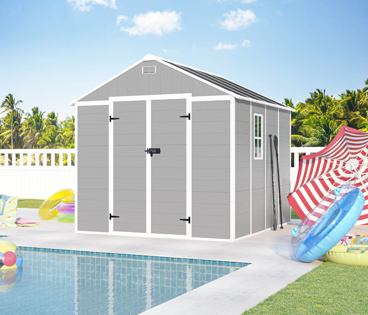Seizeen Resin Outdoor Storage Shed With Floor, Light Gray, 82 in H
