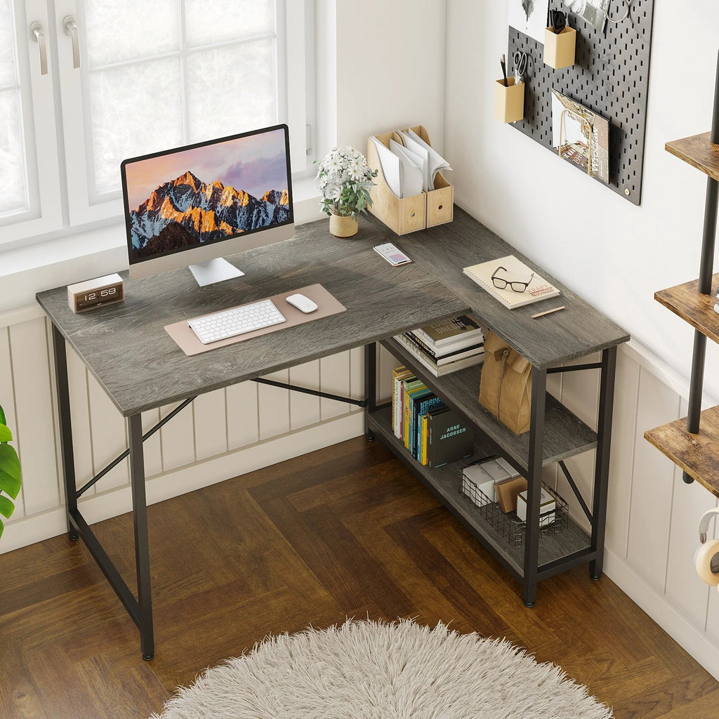 Small L-Shaped Computer Desk With Reversible Storage Shelves - 55-Inch / 47-Inch