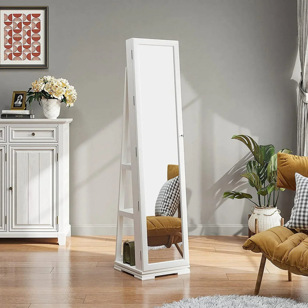 Dextrus 360 Degree Swivel Lockable Jewelry Cabinet With Full-Length Mirror And Rear Storage Shelves - White