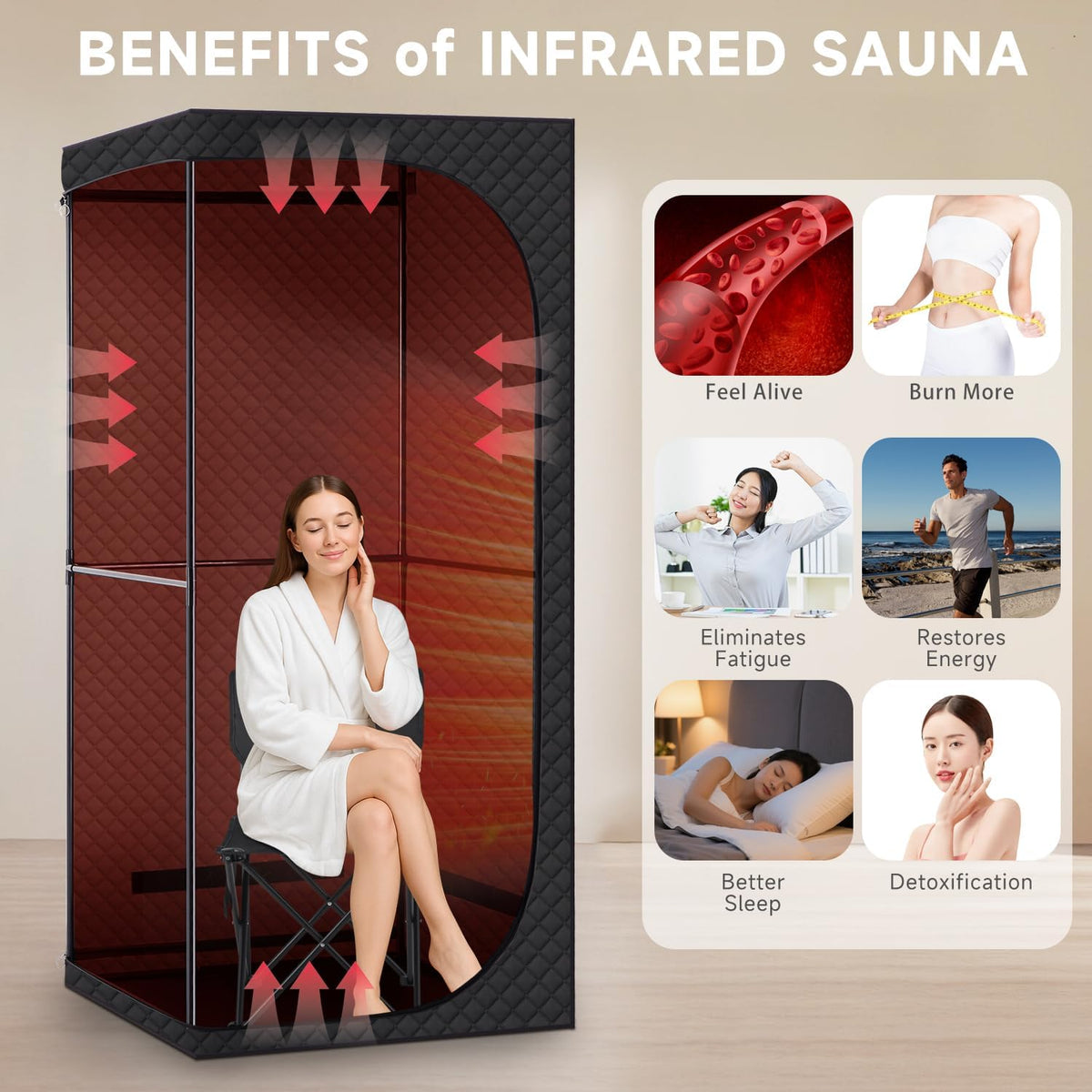 Portable Far Infrared Dry Sauna Box With Red Light Therapy, 9 Levels, 5.9ft x 2.9ft x 2.6ft