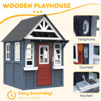 COCLUB Wooden Outdoor Playhouse With Doorbell, Phone And Kitchen Toys, 45in L x 43in W x 65in H