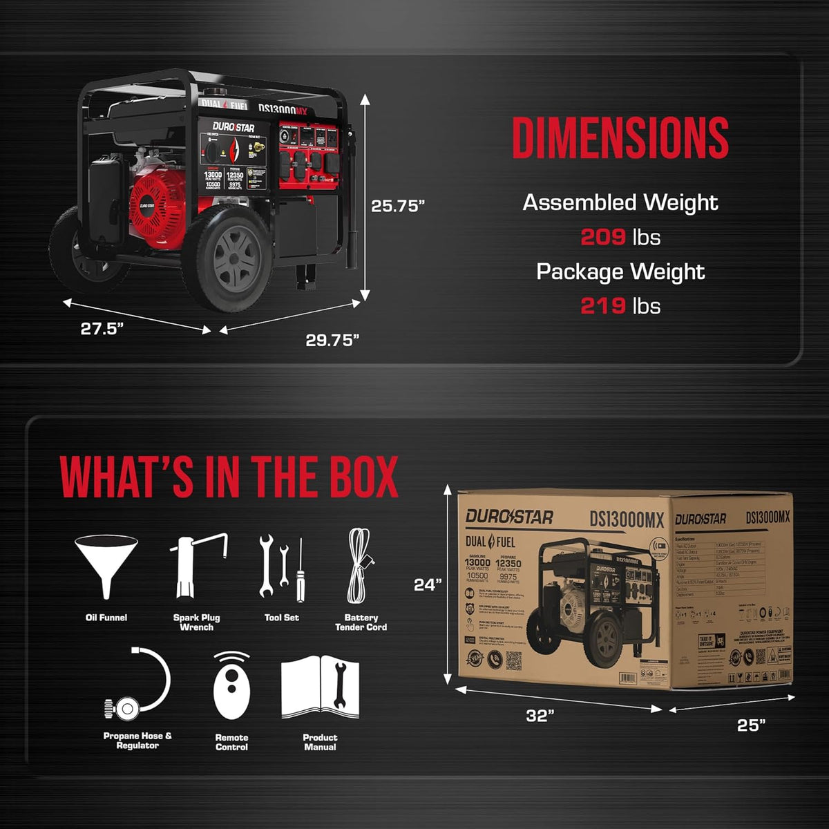 DuroStar Dual Fuel Portable Generator, 13,000-Watt, 500cc - DS13000MX