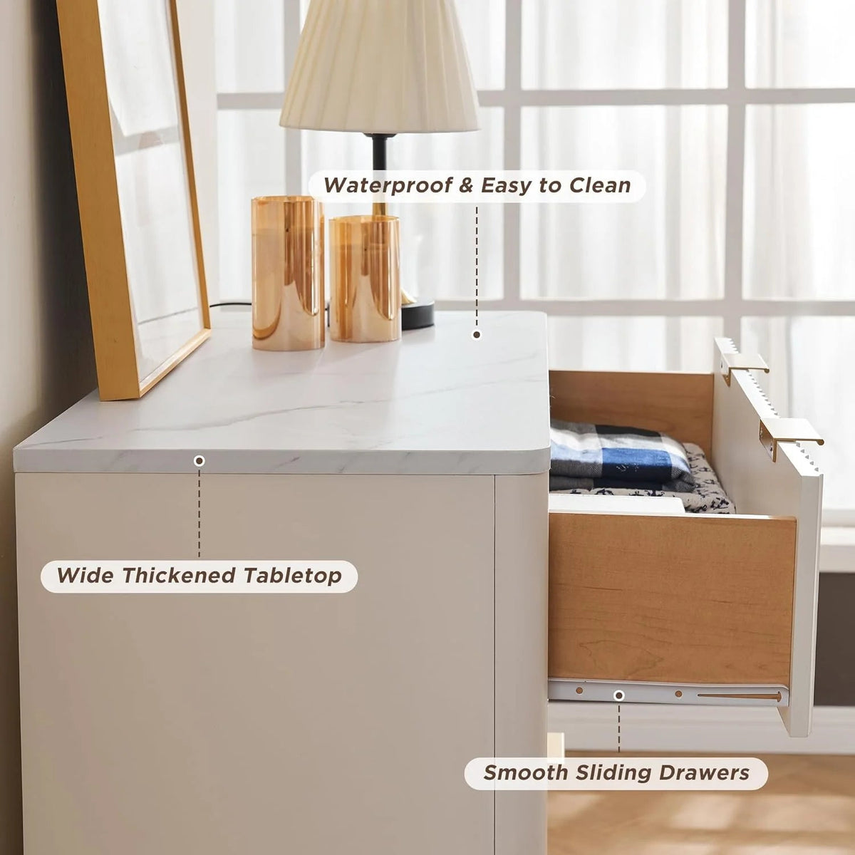 OKD 6-Drawer Dresser With Faux Marble Top, Natural Oak, 16in D x 54in W x 32in H