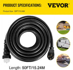 VEVOR Generator Extension Cord 50 ft 50 Amp STW 125V 250V 12500W N14-50P SS2-50R CS6364 - 45446 + 45505