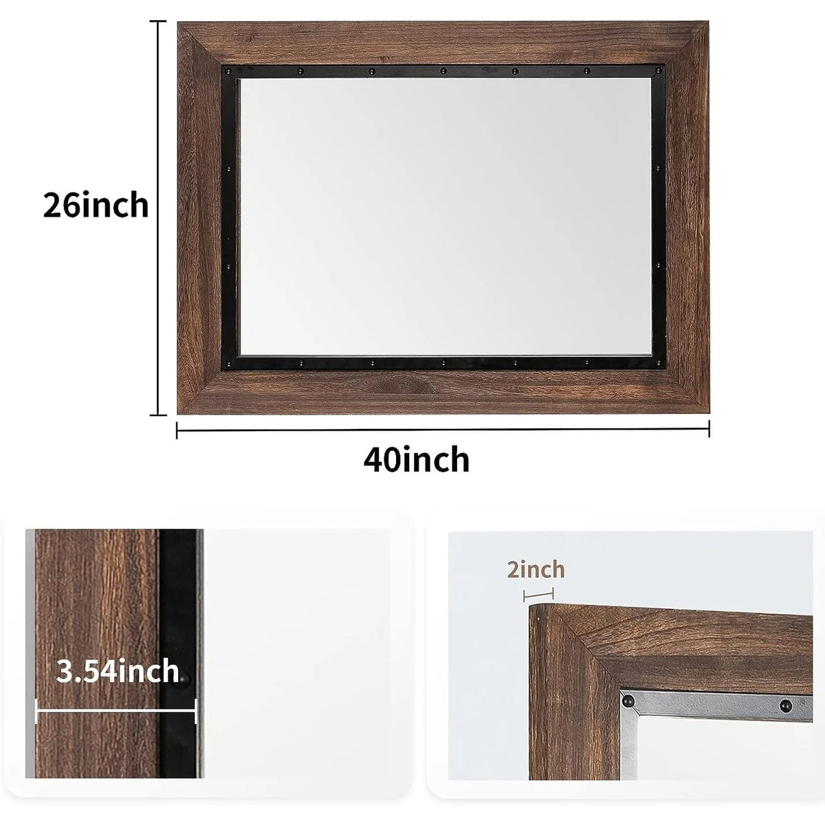 Solid Wood And Iron Framed Wall Mirror - 26 in x 18 in, 32 in x 24 in, 40 in x 26 in, 48 in x 30 in, 53 in x 28 in