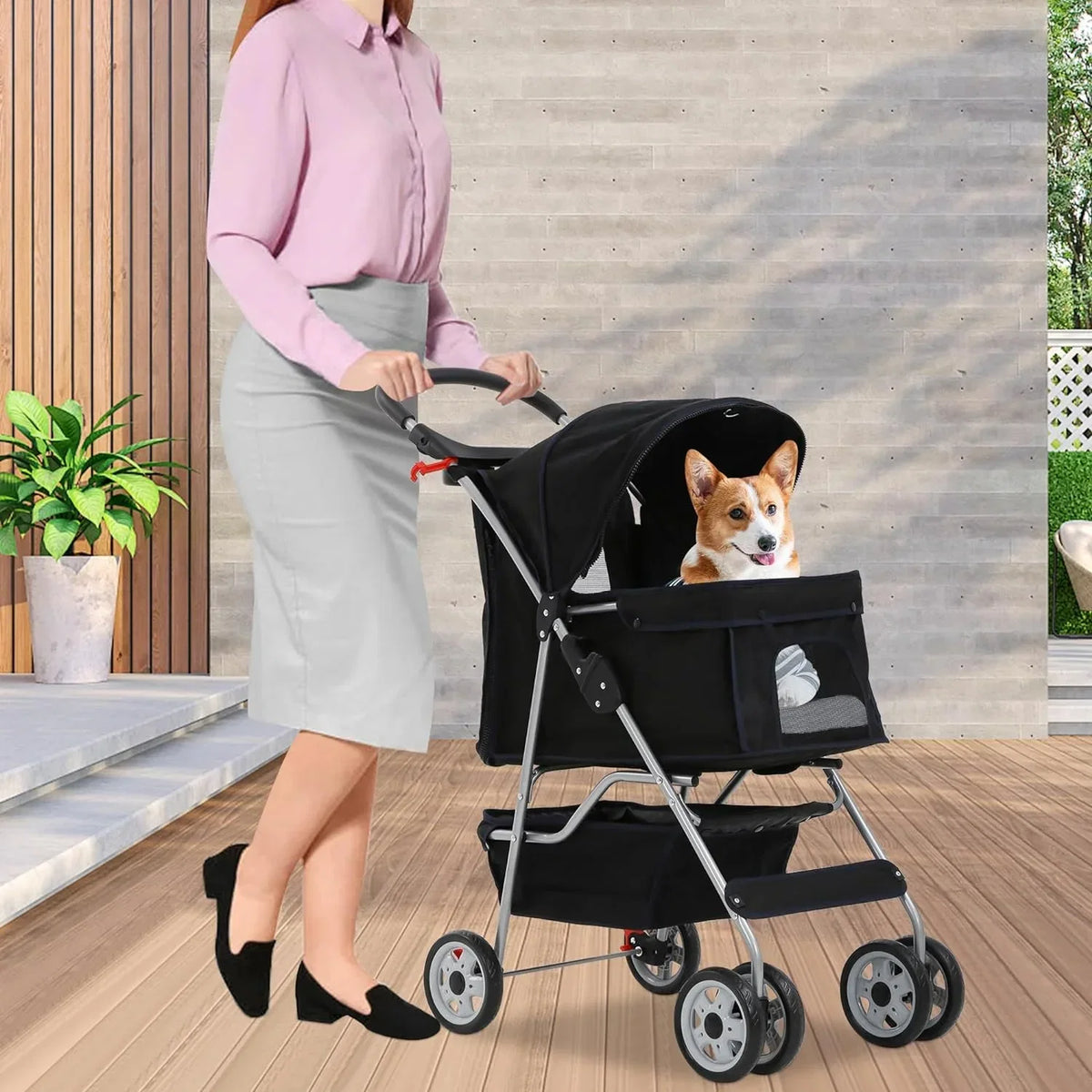 Folding Pet Stroller With 4 Wheels, Cup Holder And Storage Basket, Black
