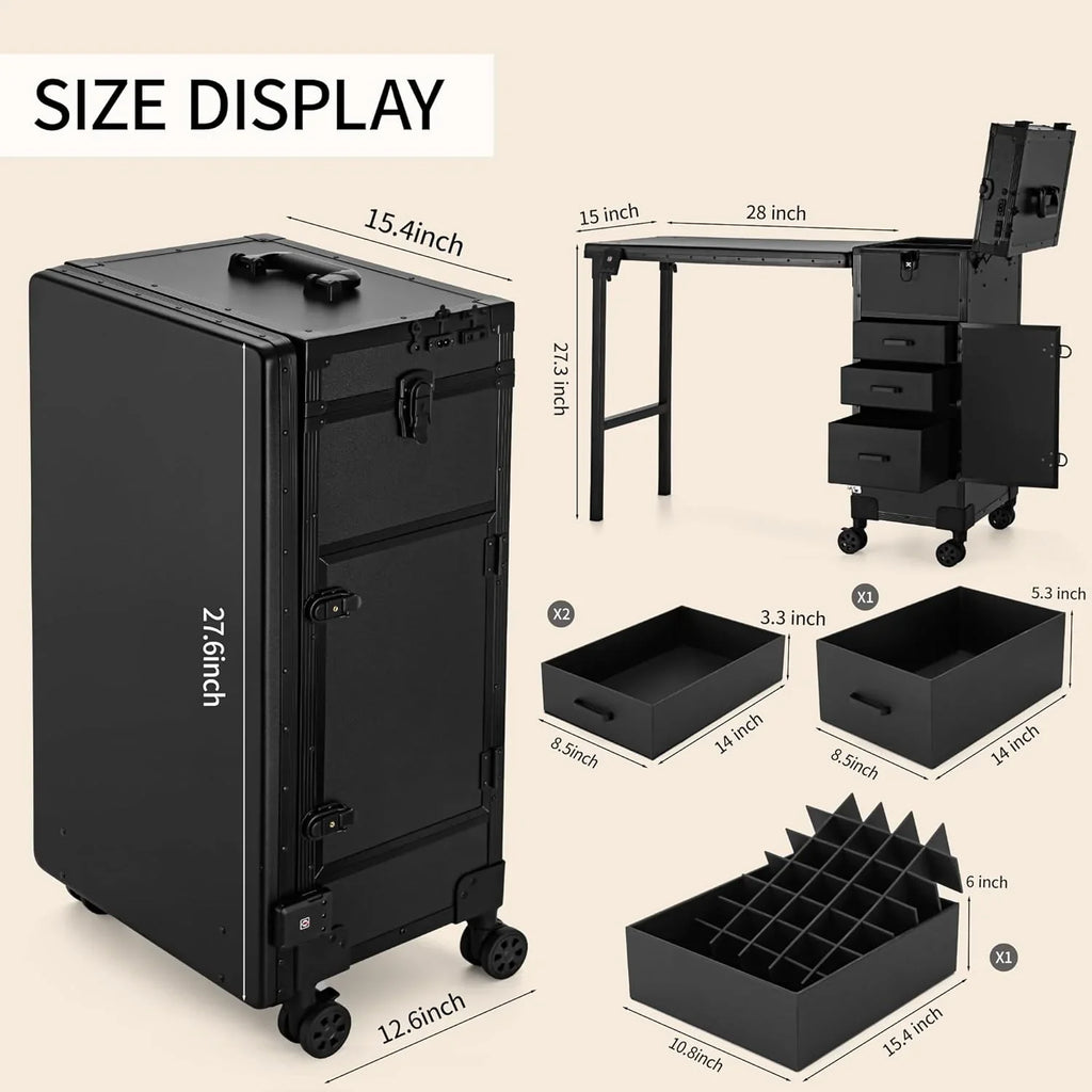 ZhenGuiRu Rolling Manicure Table With Drawers, Bluetooth Speaker, LED Mirror, TSA Lock - 15.3 x 10.8 x 30.8 in