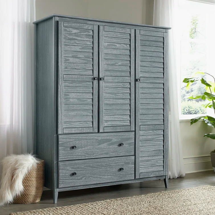 Solid Pine Wood Armoire, 3 Doors, 2 Drawers, 5 Shelves, 73.75 in H x 59.5 in W x 21.5 in D