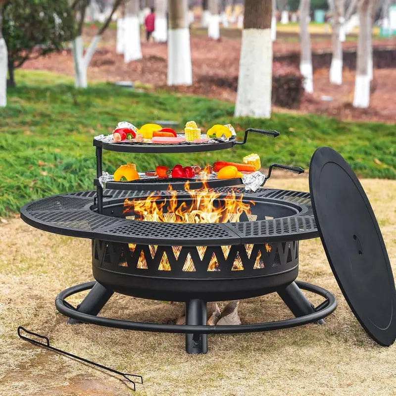 Florise 47-Inch 3-In-1 Round Metal Outdoor Fire Pit With Lid And 2 Grills
