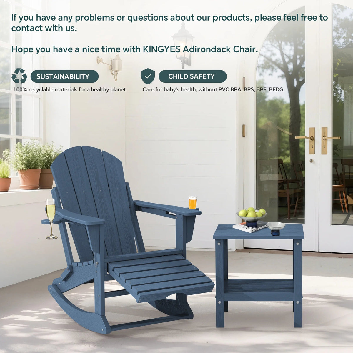 KINGYES Folding Adirondack Rocker Chair Set Of 2 With Footrest And Dual Cup Holders - Black