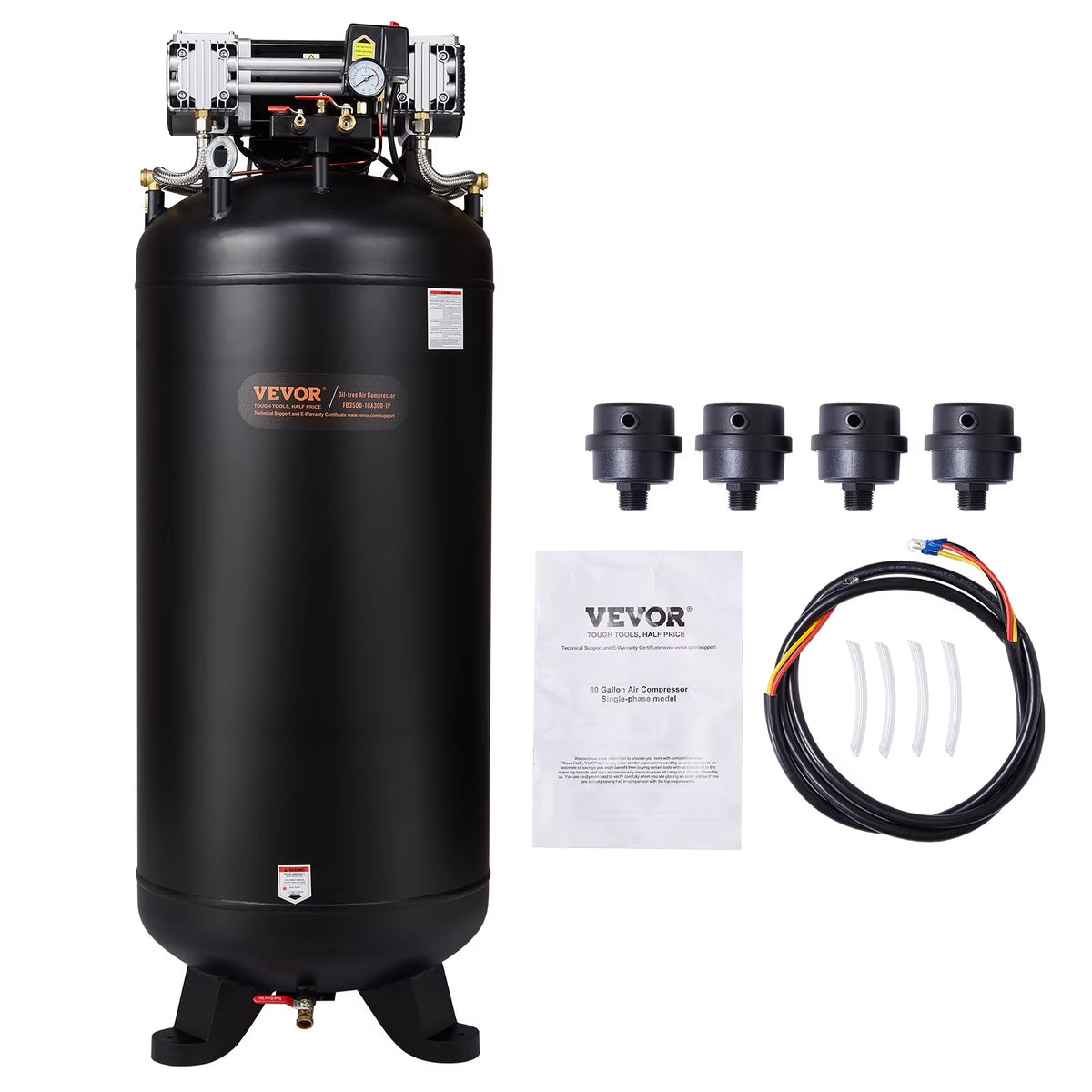 VEVOR 80 Gallon Oil-Free Air Compressor, 6.5 HP, 15.5 SCFM at 90 PSI, 145 PSI - FB3500-10A300-1P