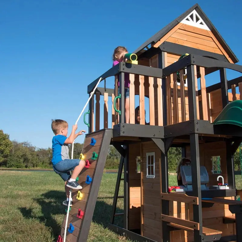 Backyard Discovery Canyon Creek Cedar Wood Swing Set With Wave Slide, Clubhouse, Play Kitchen, 183 x 188 x 119 Inches