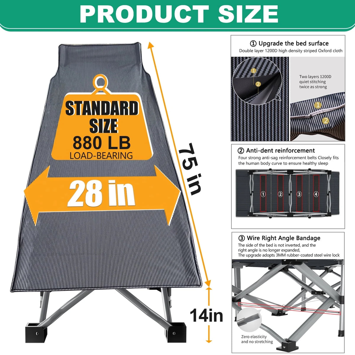 Slsy Folding Camping Cot 2 Pack, 75 x 28 x 14 in, 3.3 Inch 2-Sided Mattress - Carry Bag