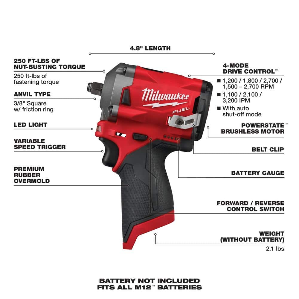 Milwaukee M12 FUEL 3/8 in Cordless Brushless Stubby Impact Wrench, 250 ft lbs Torque, Tool Only