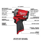 Milwaukee M12 FUEL 3/8 in Cordless Brushless Stubby Impact Wrench, 250 ft lbs Torque, Tool Only