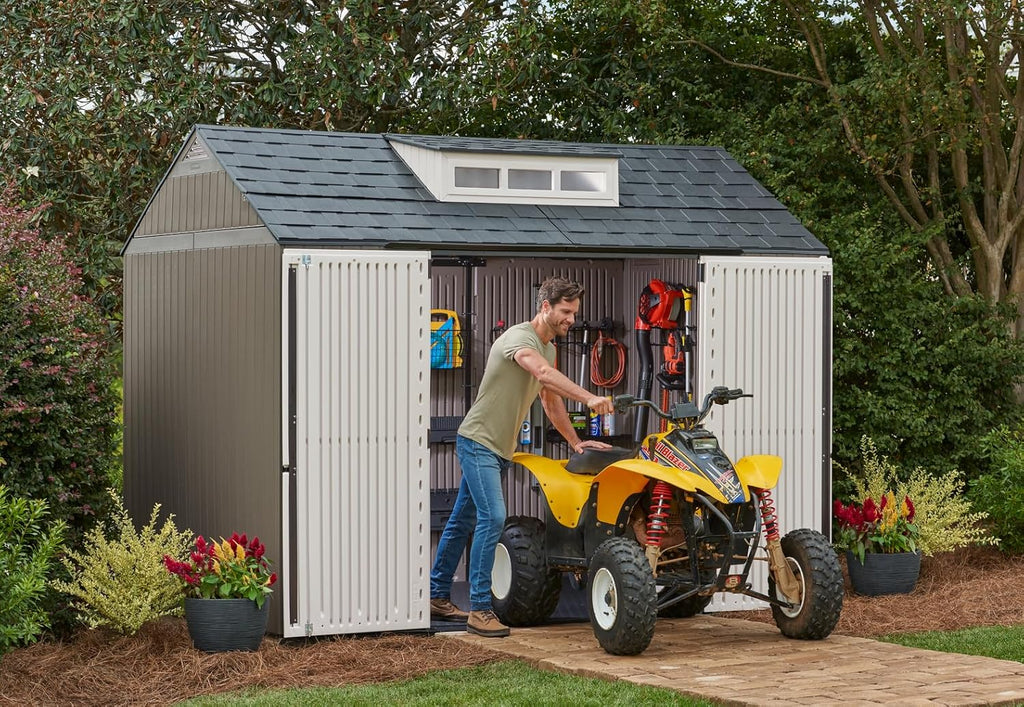 Rubbermaid Resin Outdoor Storage Shed With Floor, 7 x 7 Ft, Gray